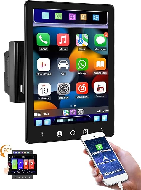 CAMECHO Double Din Carplay Android Auto Stereo 9.5 Inch Rotatable Touch Screen Bluetooth Car Radio Support Mirror Link/Subwoofer Output/USB/FM Radio/AUX-IN/Rear Camera