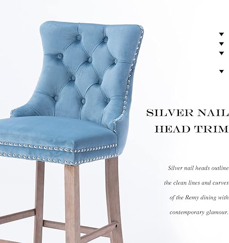 Miniatura 5 de Juego de 2 taburetes de bar, taburetes de bar tapizados de terciopelo para isla de cocina, taburetes de mostrador con ribete de cabeza de clavo,
