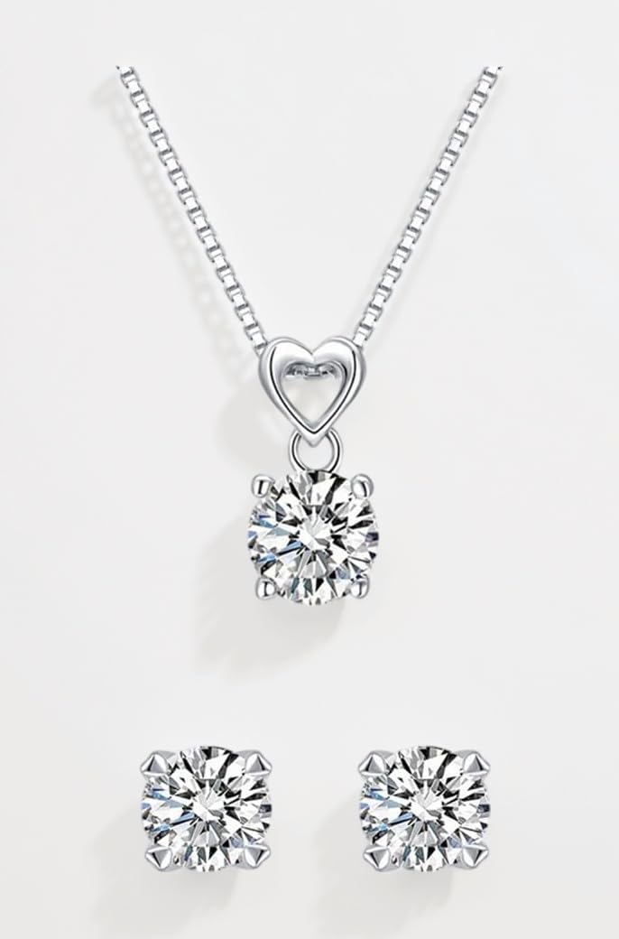 Platinum Plated Solitaire Diamond Pendant Necklace Jewellery Set Gifts for Women and Girls (White) (14624s)
