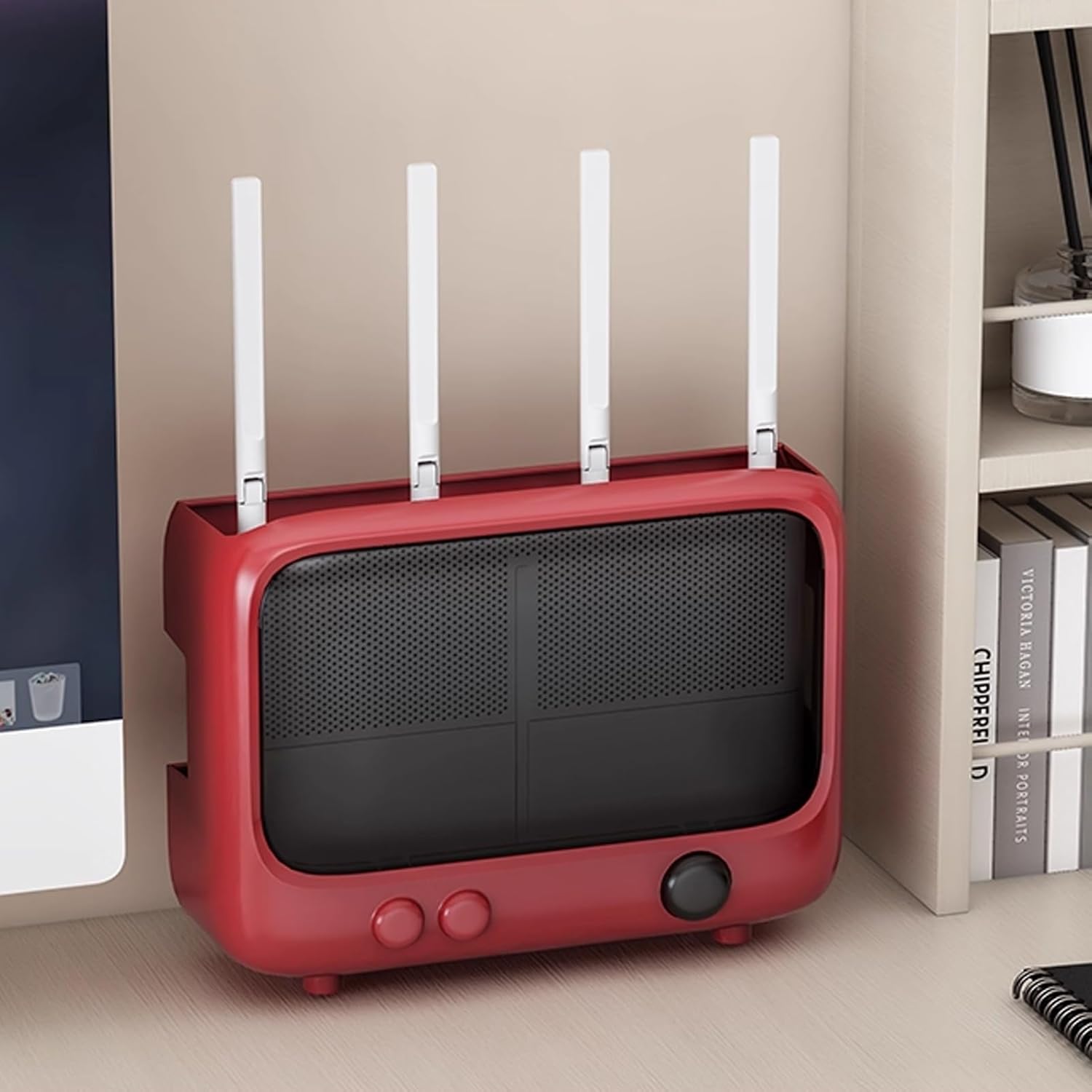 Router Cabinet Plastic Hide WiFi Routers Home Decor Box, Wall Mounted/Desktop, Router Storage Rack for Storage Hub, Plug, Internet Cables, Devices Etc(Red)