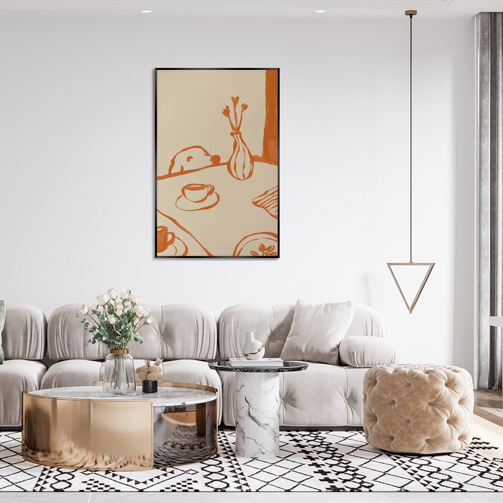 Sneaky Dog Kitchen Canvas Poster Abstract Scandi Breakfast Coffee Wall Art Whimsical Animal Pet Sketch Prints Painting Funny Minimalist Diner Home Decor for Living Room 12x16inch Metal Black Frame