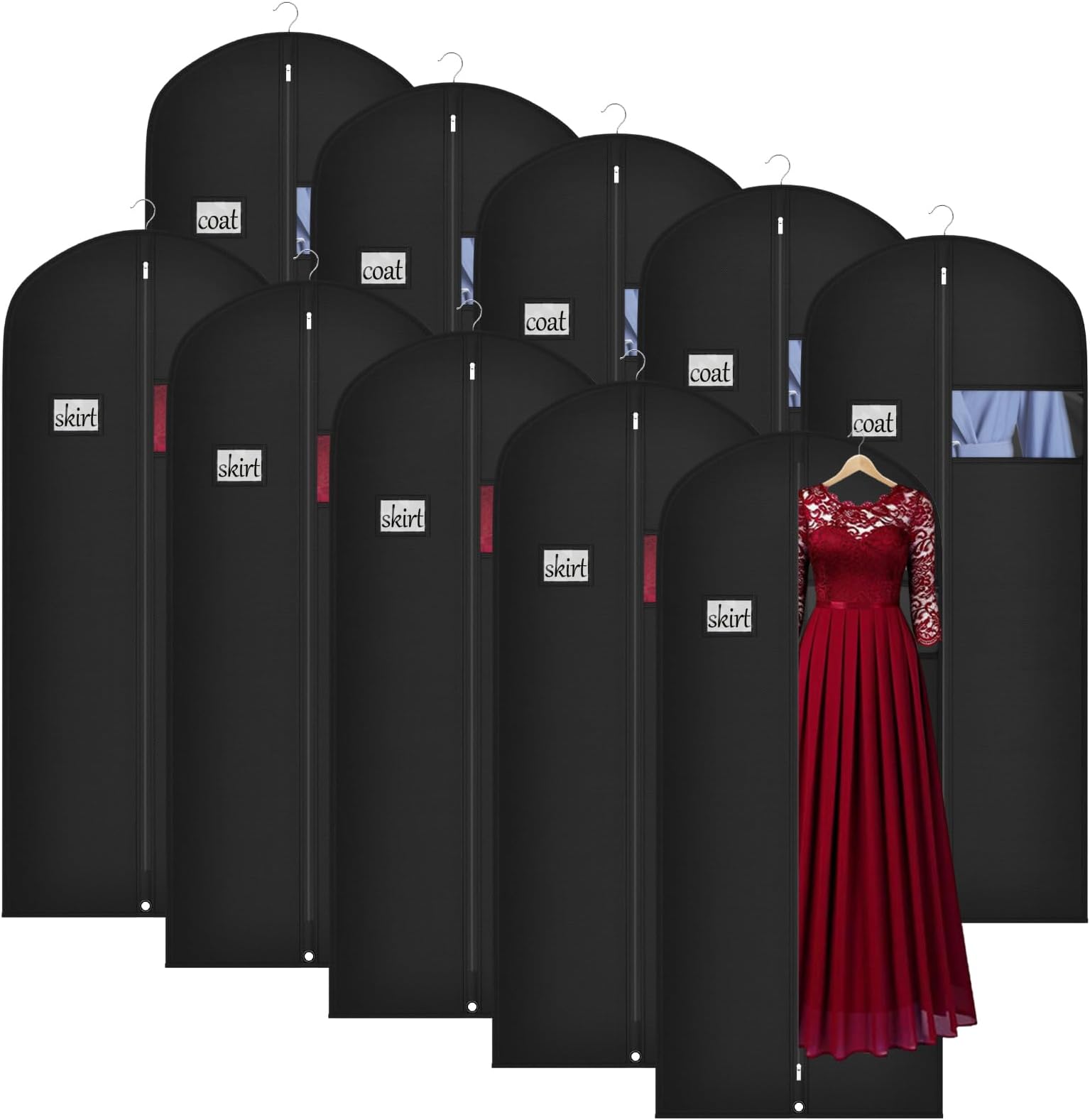Univivi 60 Inch Lightweight Long Garment Bag for Hanging Clothes, Breathable Full Zipper Gown Dress Cover Bag with Clear Window and ID Card Holder for Suits, Long Dress, Coats -10 Pack