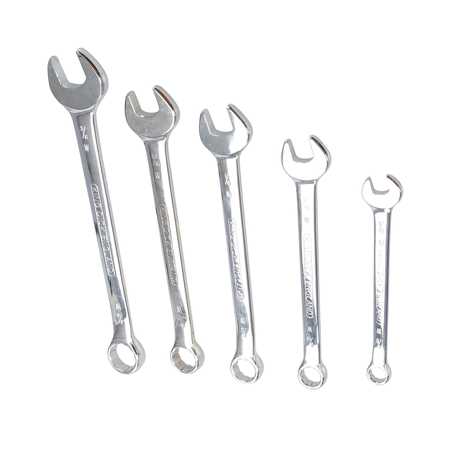 Dapetz® King Dick Whitworth zestaw kluczy płasko-oczkowych 5 szt. 1/8" - 3/8" w zestawie ze stalą chromowo-wanadową, hartowany, hartowany, matowy chromowany i dostarczany z plastikowym portfelem.