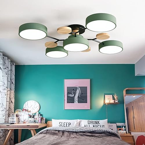 Vista 44 de Lámpara LED de techo, 34 pulgadas, 7 luces, moderna lámpara de techo empotrada de madera de 56 W, lámpara regulable para sala de estar, dormitorio