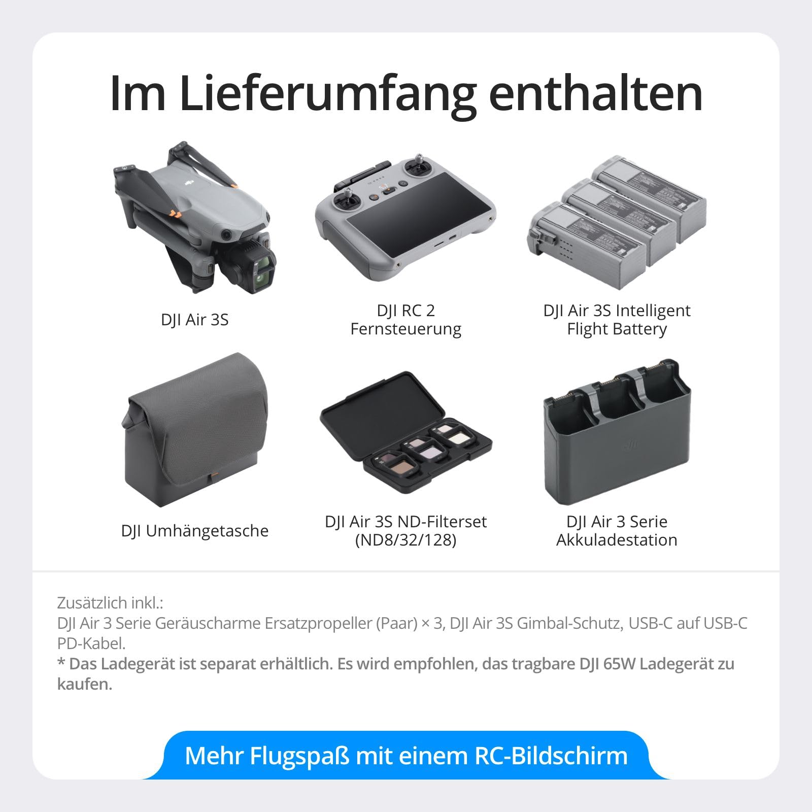 DJI Air 3S Fly More Combo (RC 2 Fernsteuerung mit Bildschirm), Drohne mit 1" CMOS Weitwinkel- & mittlerer Telekamera für Erwachsene, 4K/60fps, omnidirektionale Erkennung & 3 Akkus für längere Flugzeit