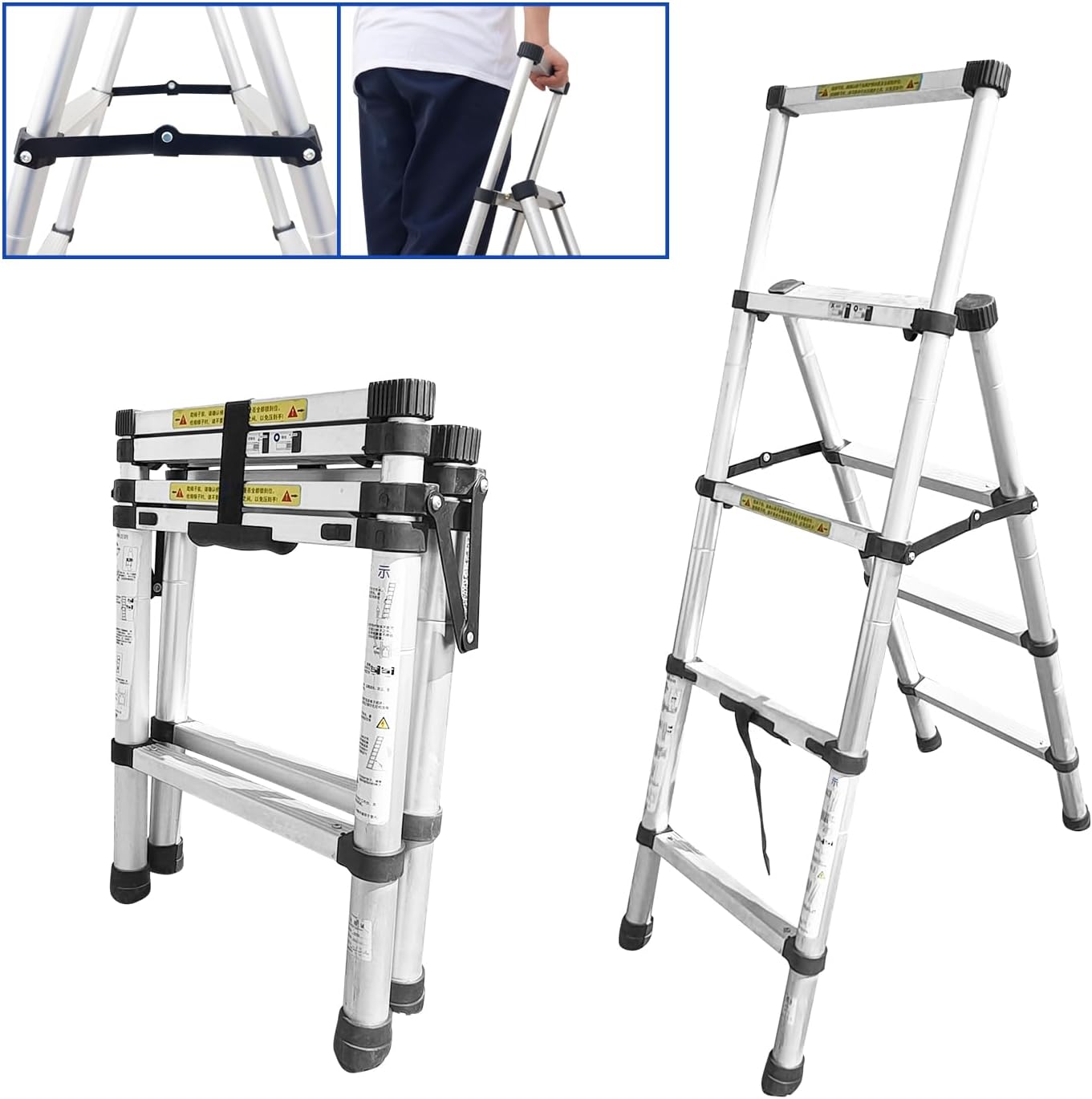 JADDUO Telescoping Ladder, Aluminum 4 Step+5 Step Telescopic Ladder with 1-Button Retraction, Portable Extension Ladder Adjustable Lightweight Folding Ladder for Home or RV Work 4+5 steps?1.1m+1.4m? Silver