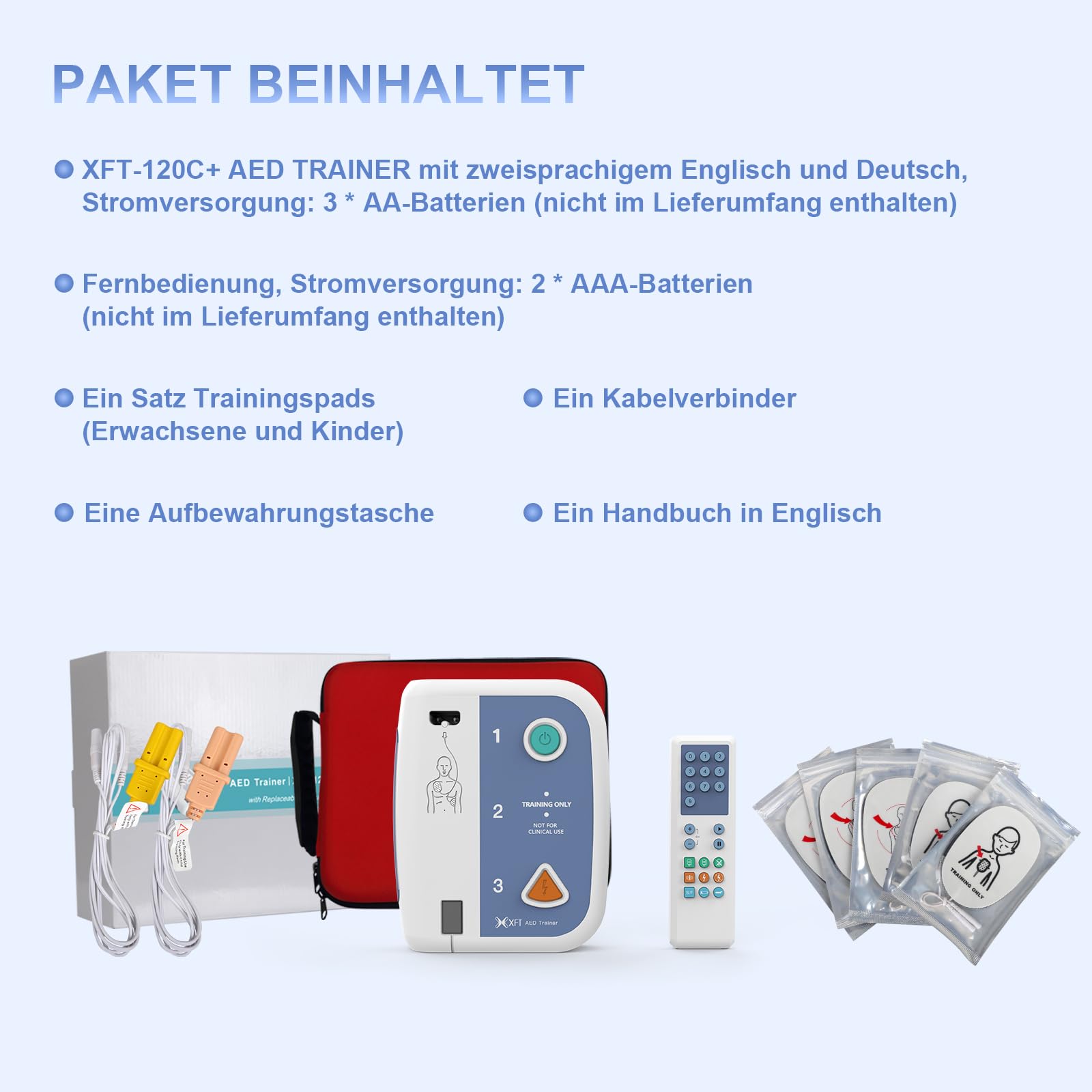 AED Defibrillator Trainer mit Fernbedienung, XFT-120C+ Erste Hilfe Lehrgerät für AED-Training, AED Trainingsgerät mit CPR-Lehrgerät Maschine, 10 Trainingsszenarien, Sprachkombination Deutsch/Englisch