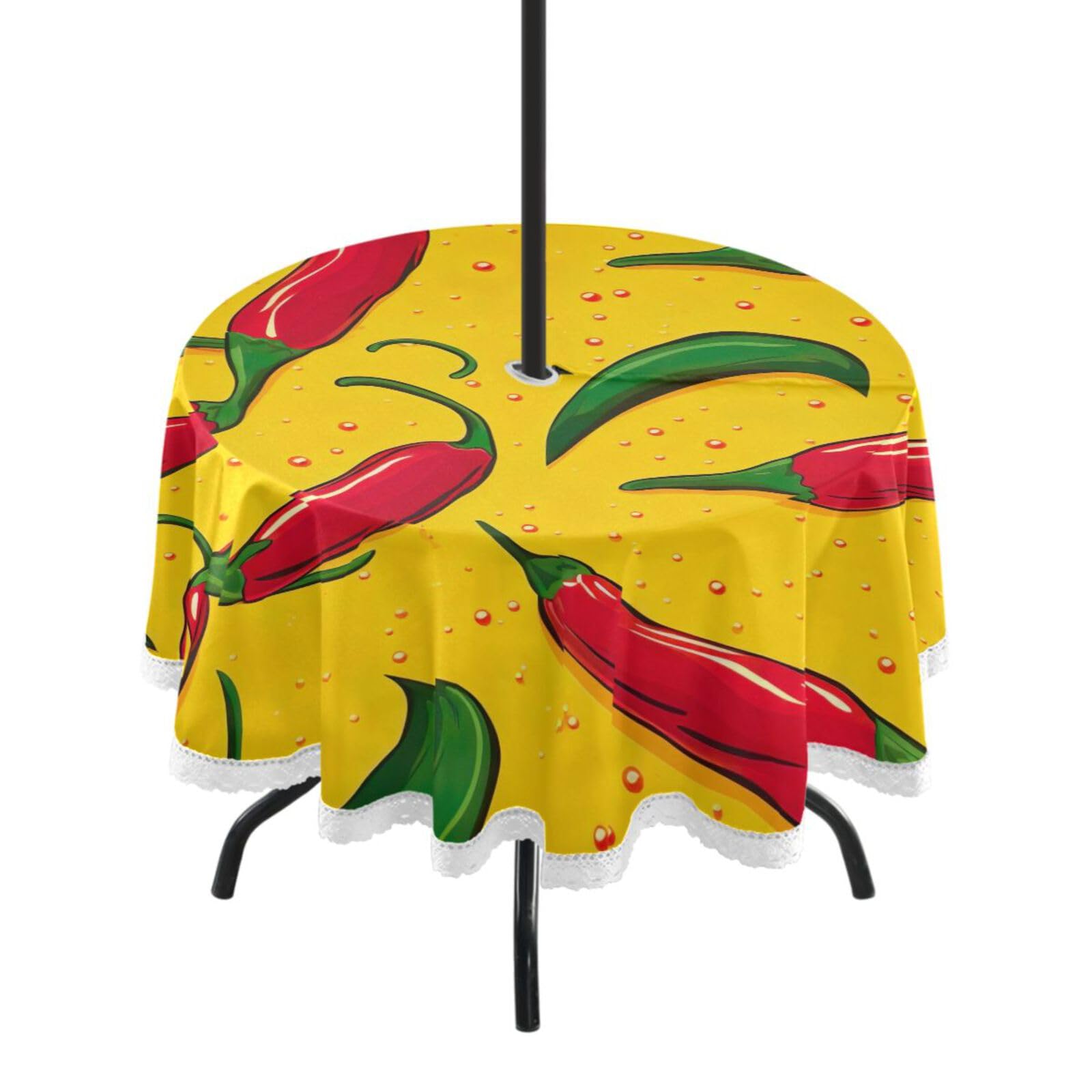 Wajiw 60 Inch Indoor Outdoor Round Tablecloth with Umbrella Hole and Zipper Waterproof Patio Table Cover for Camping Dining Room Party Outdoor Picnic,Chillies