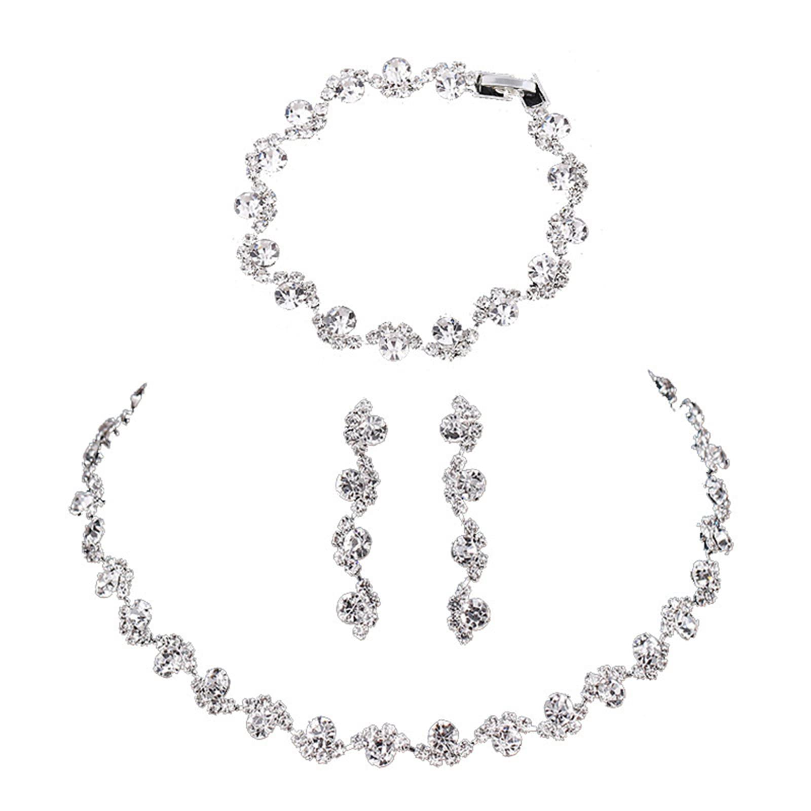 COLORFUL BLING Elegant Luxury Crystal Rhinestone Necklace Earrings Bracelet Jewelry Set Wedding Bridal for Women Girls Wedding Prom A