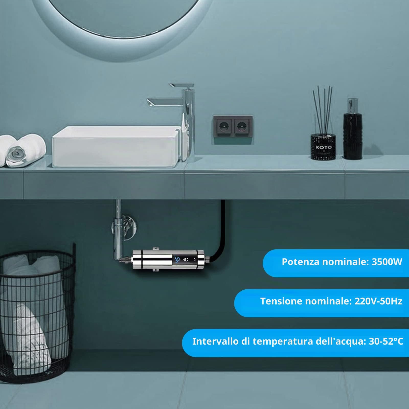 Mini Scaldacqua Istantaneo, Scaldabagno Elettrico Istantaneo Riscaldamento dell'acqua Tankless per Bagno Cucina, Display della Temperatura a LED, 220 V, 3500 W (argento)