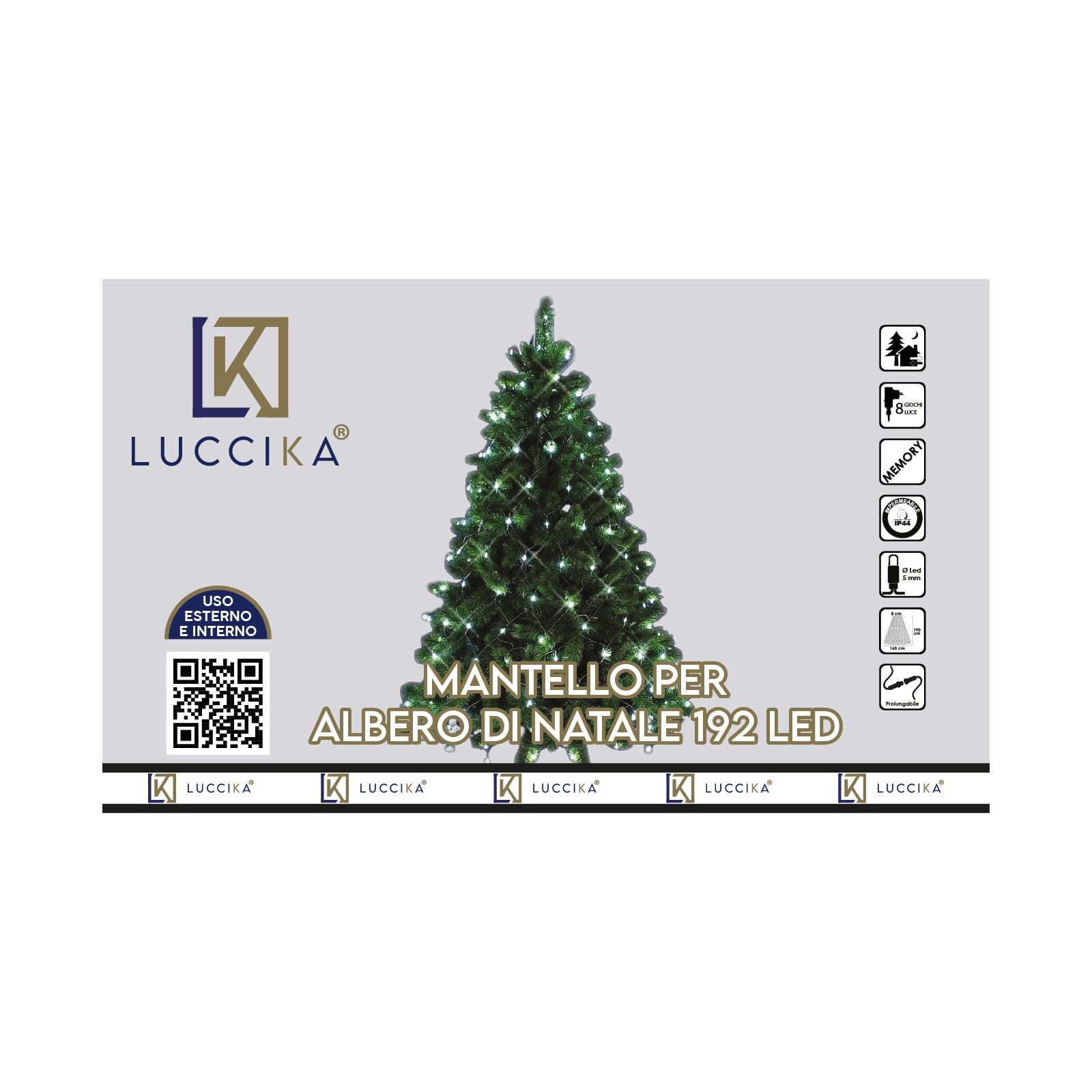 Luccika LED-Umhang für den Weihnachtsbaum für den Innen- und Außenbereich, mit 8 Lichtspielen (lila und eisweiß, 192 LEDs – für Bäume von 150 bis 180 cm Höhe)