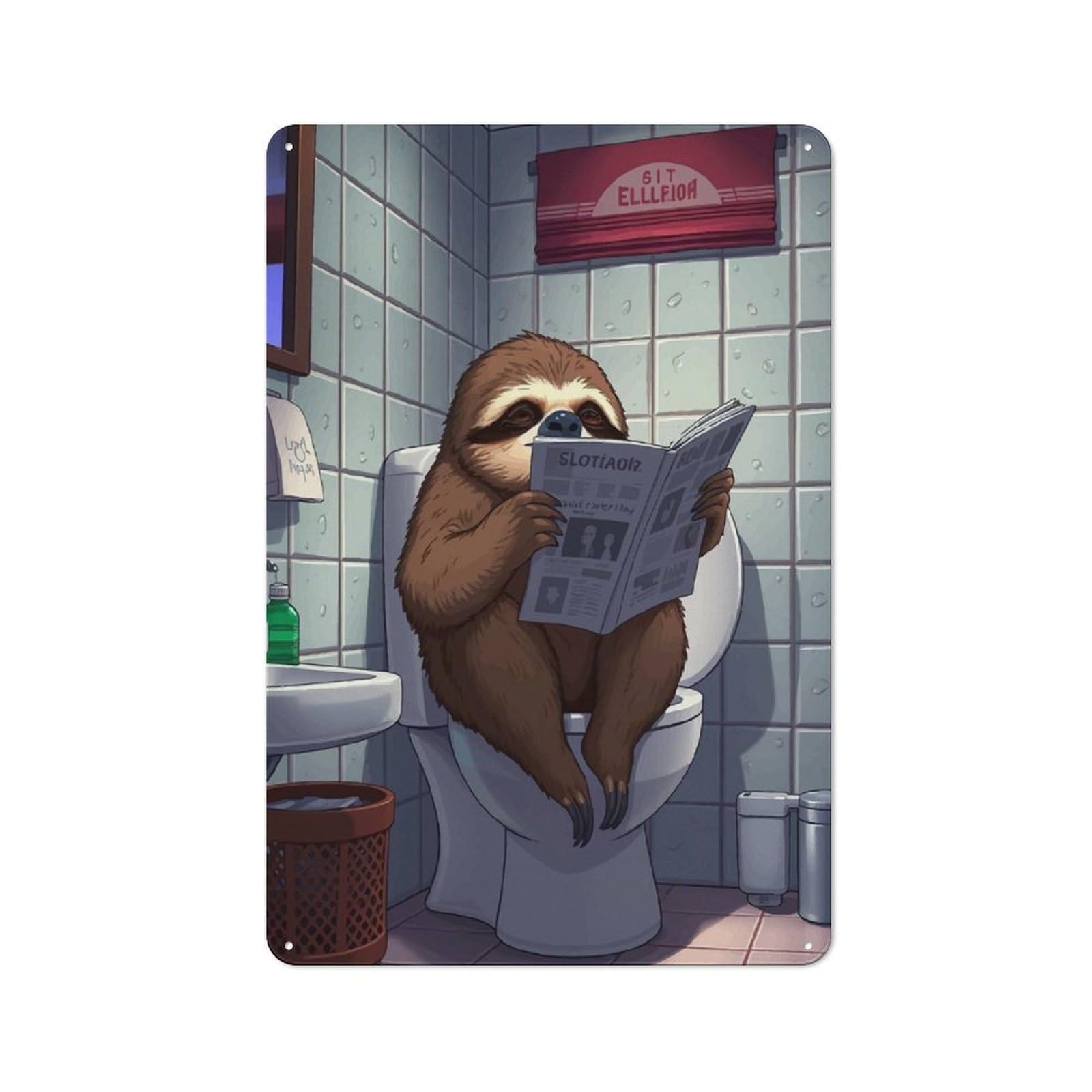 Sloth Reading on Toilet Farmhouse Metal Sign 30x20cm, Rustic Cottage Wall Art for Cottage, Kitchen, Hallway Or Breakfast Nook