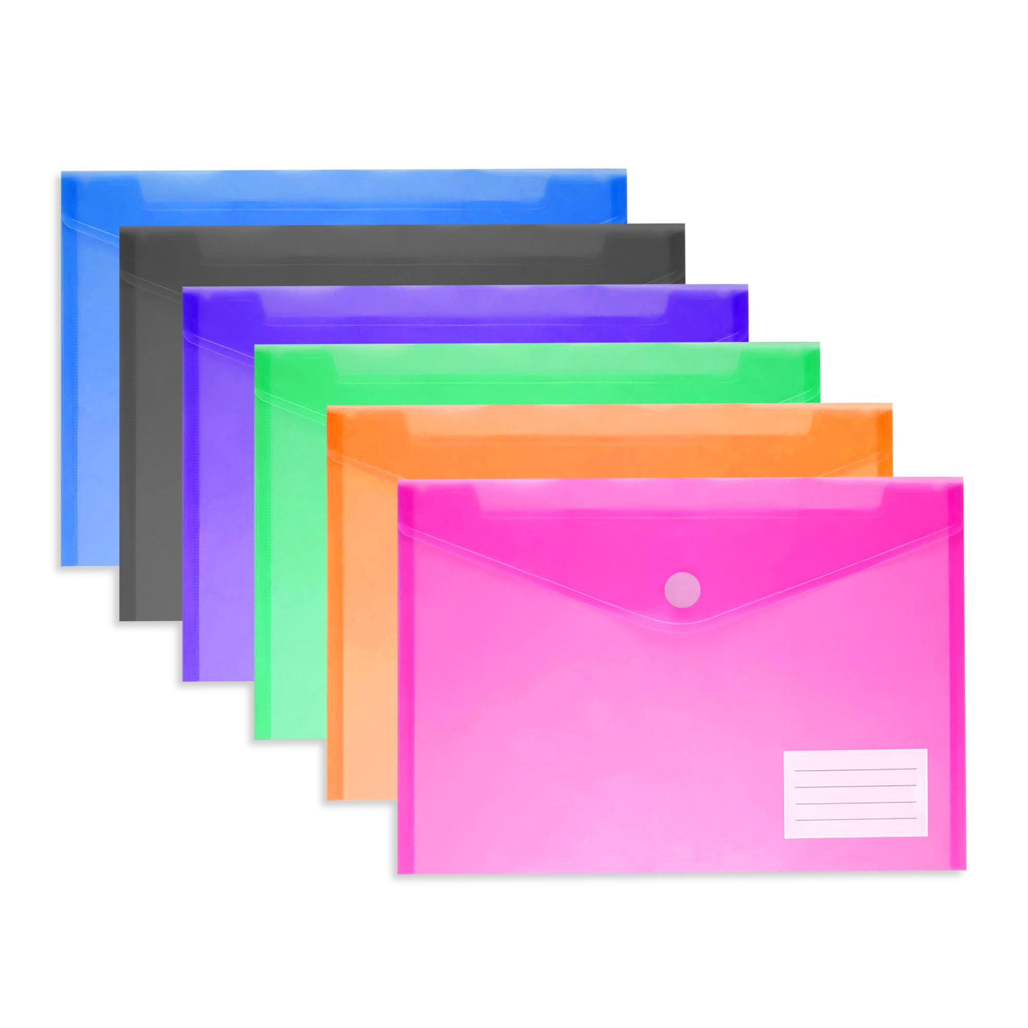 GLUN Valcro - Cartella portadocumenti con apertura laterale, confezione da 6 cartelle portadocumenti in plastica colorata A4 e formato legale, per certificati, con bottone a pressione