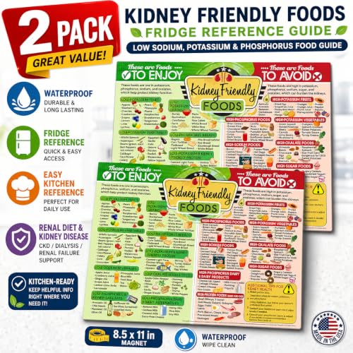 Image of Magnetic 8.5x11 Kidney-Friendly Foods Poster - Visual Renal Diet Chart, Nutrition Reference, Safe Meal Planner - Strong Waterproof Fridge Magnet for Kidney Support and Health Food Guide (Set of 2)