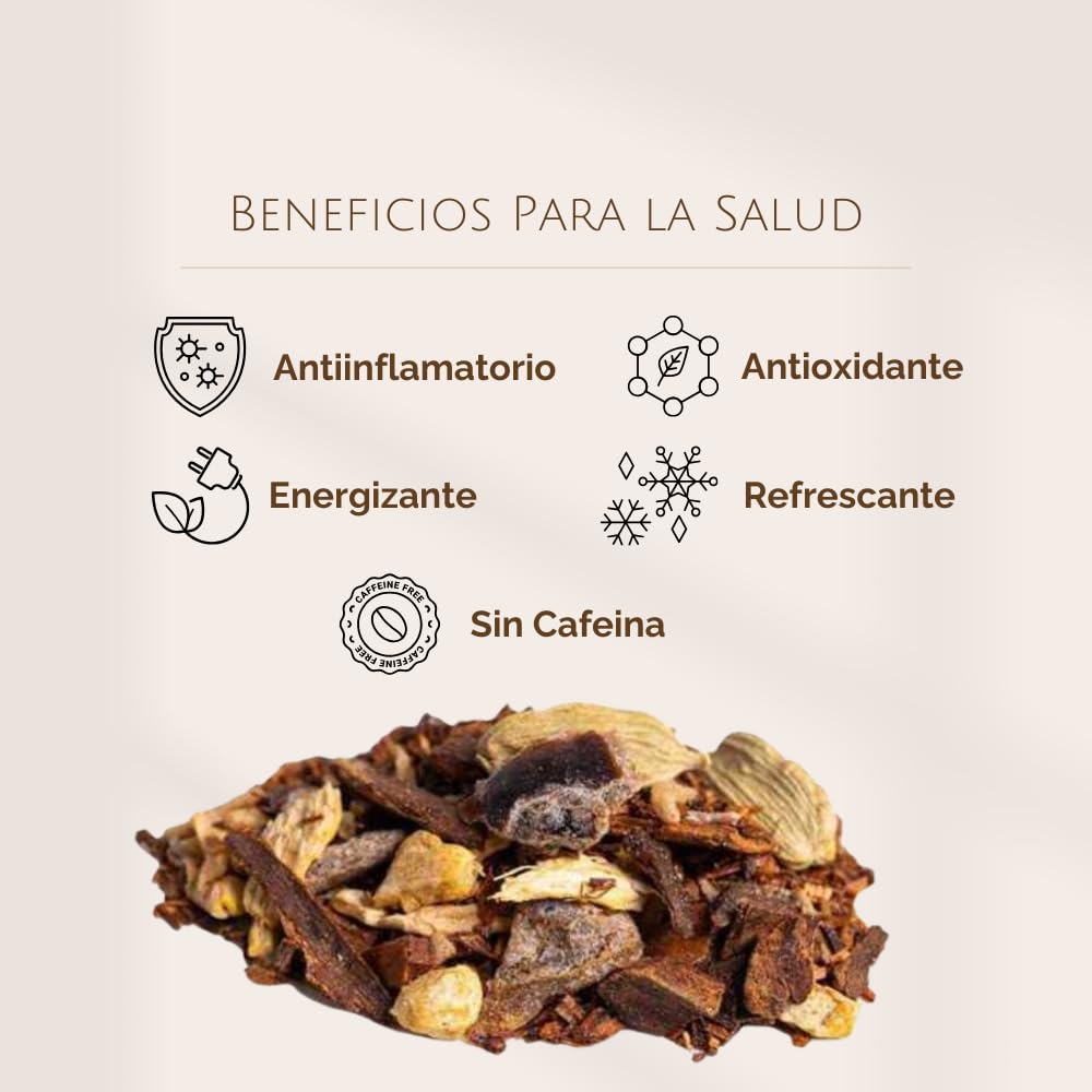 Rooibos de Canela y Jengibre a Granel 100 Gramos - My Tea Moments - Cultivo Sostenible - Ingredientes Naturales: Algarroba, Canela, Cardamomo, Coco, Dátil, Jengibre, Uva Pasa.