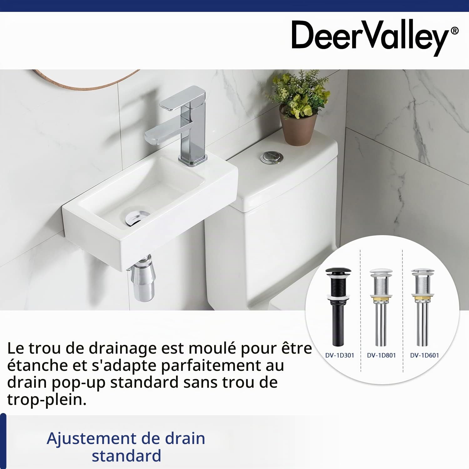 DeerValley DV-1V081R Lavabo suspendu en céramique pour salle de bain, rectangulaire blanc (A droite)