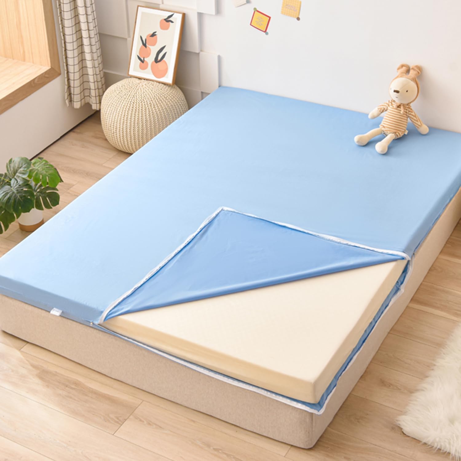 Bluea,80x200cm, 100% Cotton Floor Futon Mattress Cover with Zipper Queen King Size Japanese Traditional Futon Mattress Cover Dustproof Bed Cover Full Wrap Mattress Protector Washable