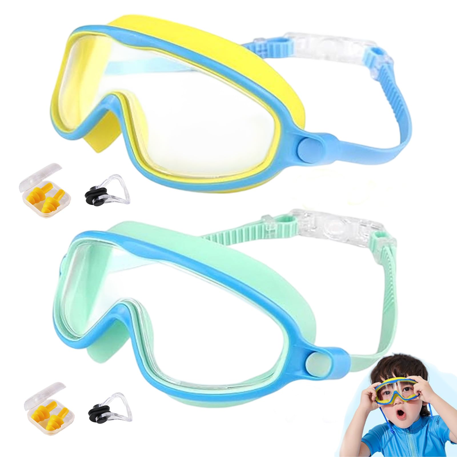 HItianya My Cool Summer Goggles, No Leaking Swim Glasses for Men Women Youth, Waterproof Anti-Fog Kids Swimming Clip on Goggle with Ears Plugs Attached for Junior Boys Girls (Yellow Blue*Green Blue)