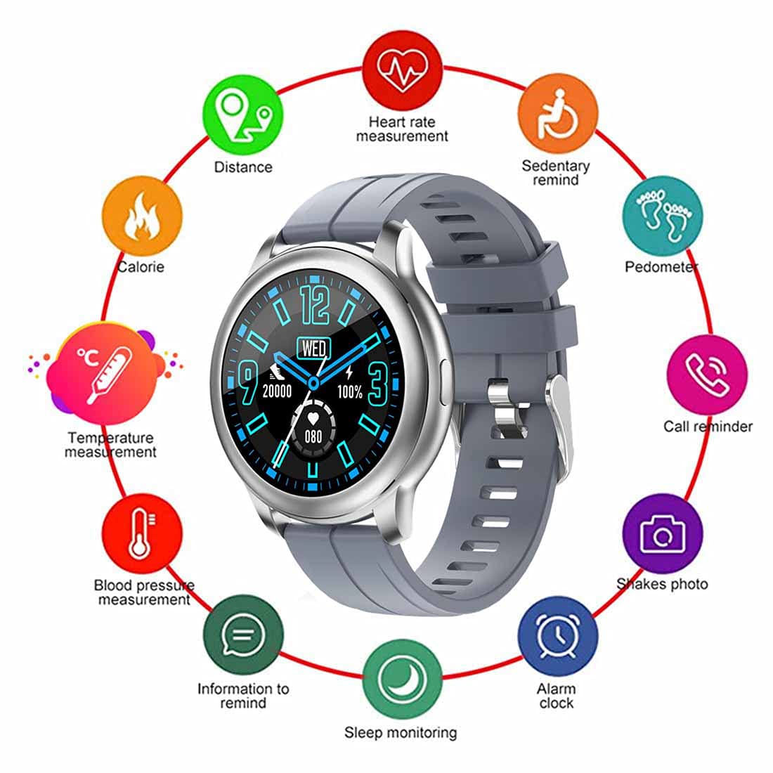 Smartwatches, sportowy smartwatch z pulsometrem i monitorem snu, cyfrowy ekran dotykowy 1,3", wodoszczelność IP68, krokomierz, monitor aktywności, dla mężczyzn, kobiet, dzieci szary