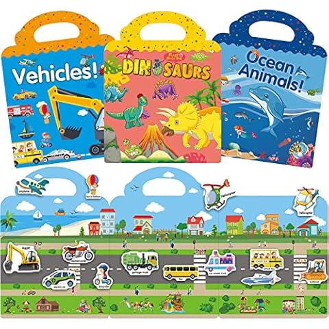 Sticker Toys for 3 4 5 Year Old Girls Boys Gifts, Vehicles Dinosaur Ocean Animals Sticker Book, Sticker Activity Books for Kids, Reusable Stickers Learning Toy Travel Toys for Toddlers Cover