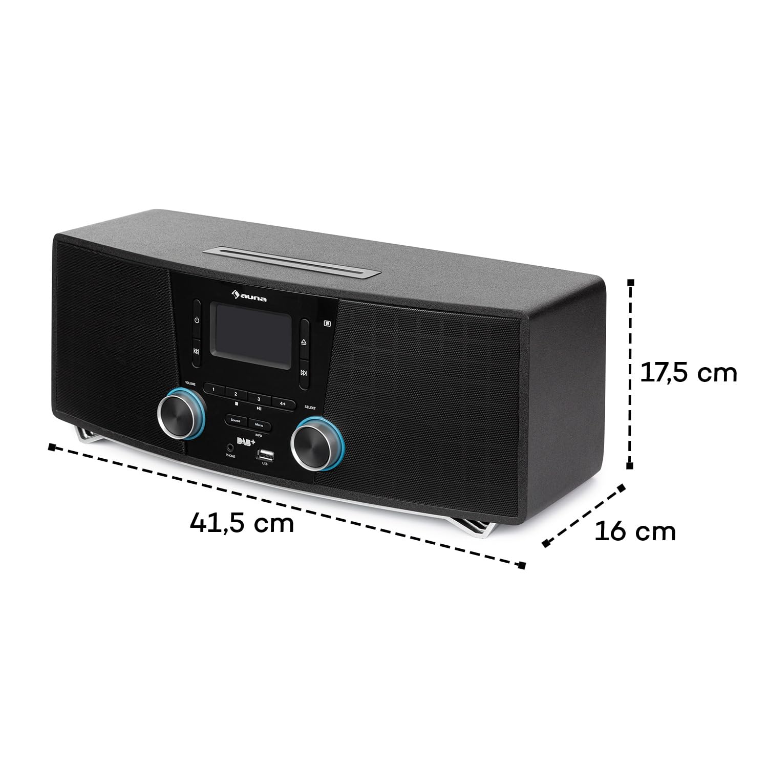 auna Stockton Micro Stereosystem - 20W max. (2X 5W RMS), DAB+, UKW-Radiotuner, RDS-Funktion, CD-Player, Bluetooth, USB-Port, AUX-IN, OLED Display, X-Bass, EQ, Timer, Weckfunktion, schwarz