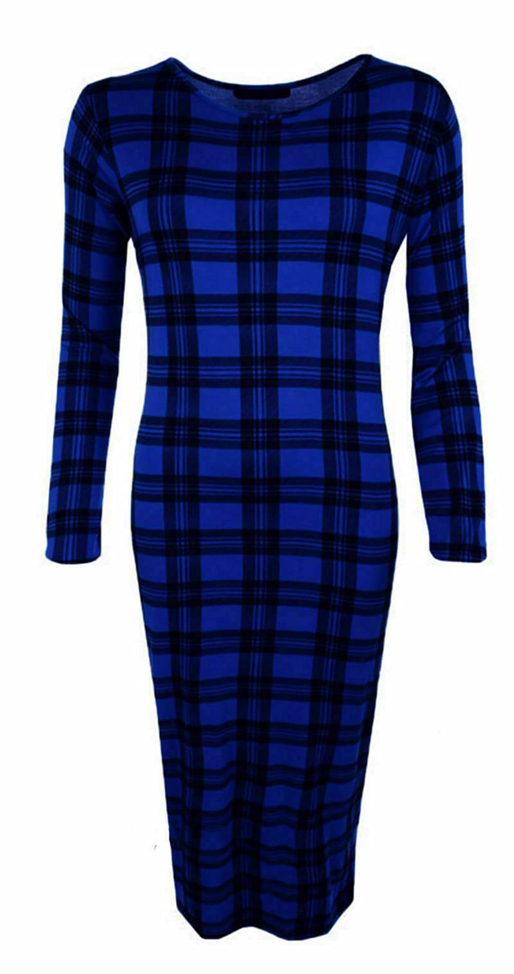 Gostyles Women's Blue Tartan Gostyles® Long Sleeve Midi Dress, Scoop Neck Stretch Bodycon Pencil Dresses (, 8-10)