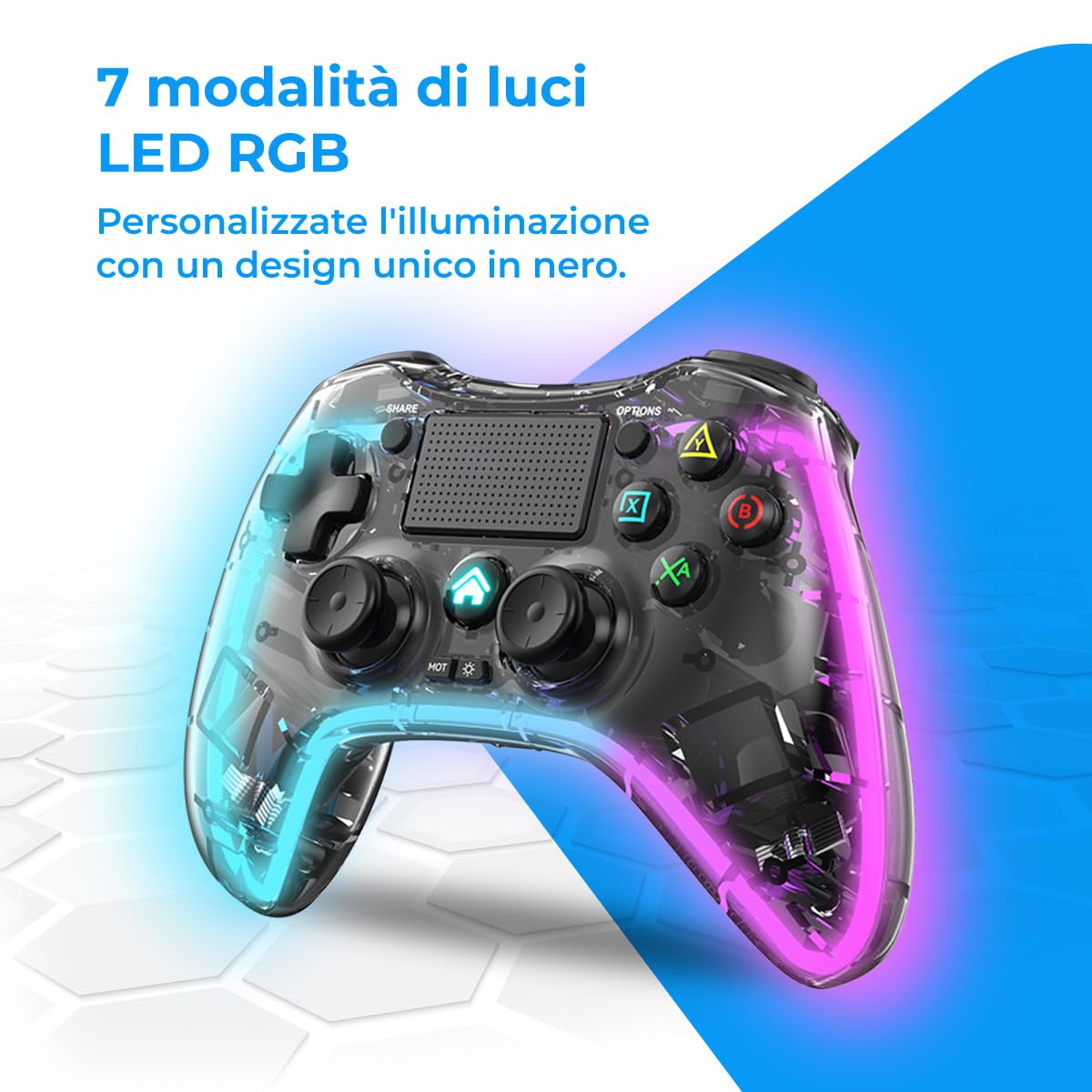 NK Controller per PS4 / PC/Android - Controller Wireless con 2-Shock, 6 assi, 2 pulsanti MACRO, 7 Modalità di Luce LED, Touchpad, Ingresso per Cuffie, Cavo di Ricarica incluso - Nero Trasparente