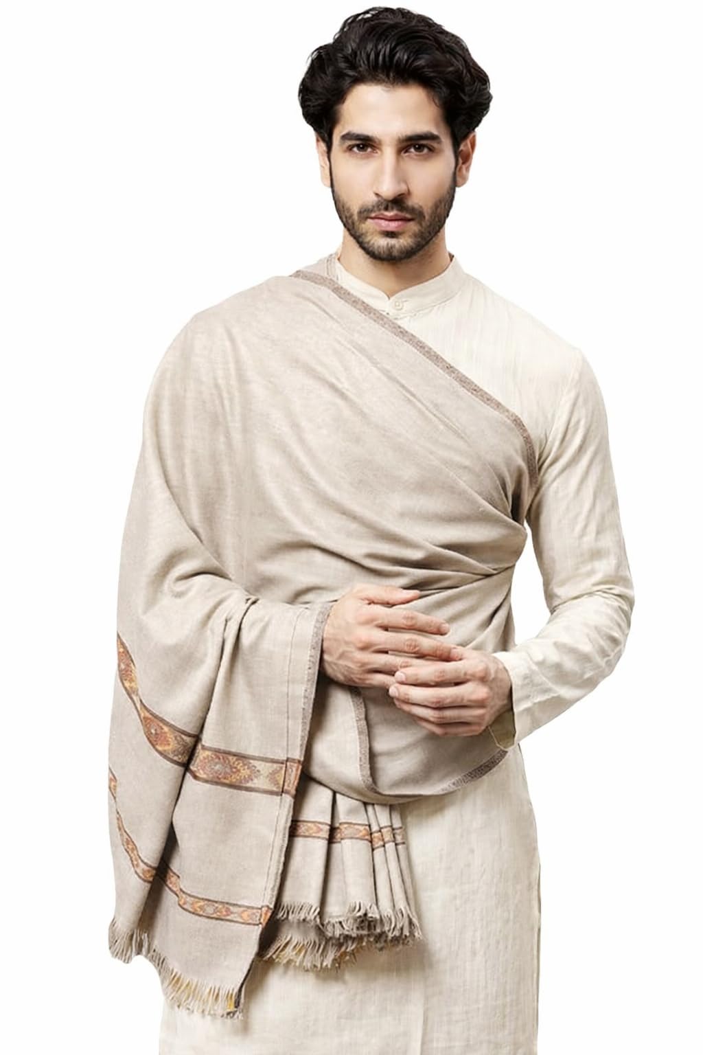 rudrawraps Men’s Kullu Wool Lohi Shawl – Light Beige Traditional Himachali Wrap | Soft Warm Winter Shoulder Shawl for Kurta, Ethnic Wear (100x50 cm).-picture-22