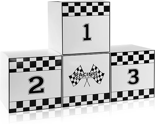 Zhanmai 4 cajas grandes de fiesta de autos de carreras de 11.8 x 11.8 pulgadas, cajas a cuadros para decoración de cumpleaños, camión, temática de