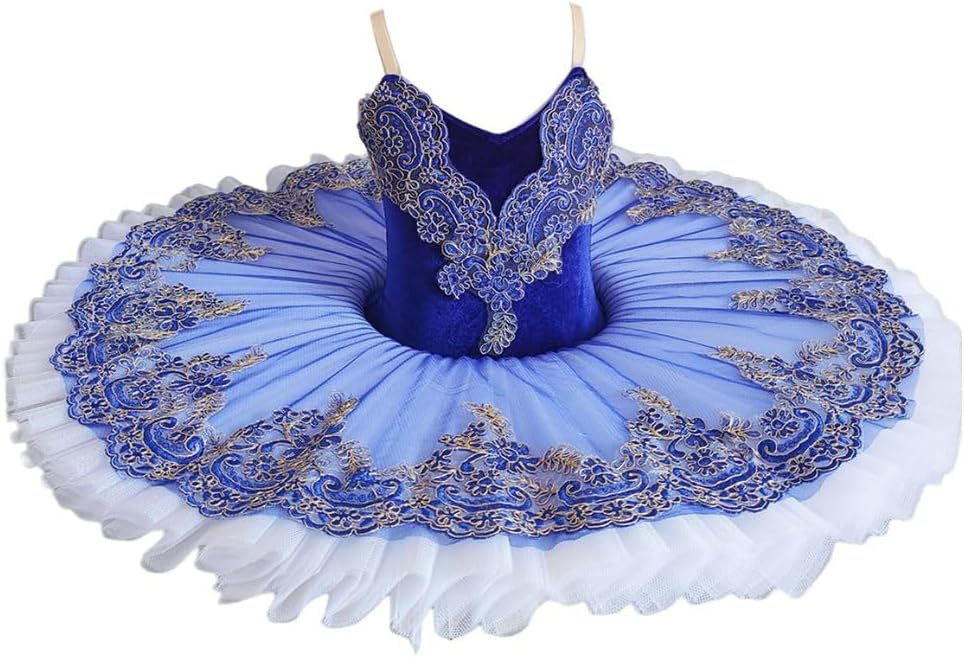Blue Embroidered Pancake Platter Tutu Ballerina, Professional Tutu Skirt for Kid Girl Leotard Dance Costume Party Dress