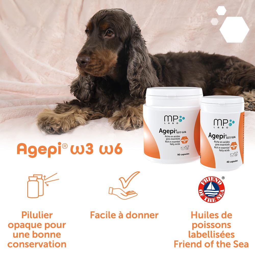 MP Labo Agepi® Omega 3 Omega 6 - 90 Capsules pour Chien et Chat - Riche en Acides Gras Essentiels et Vitamines A et E
