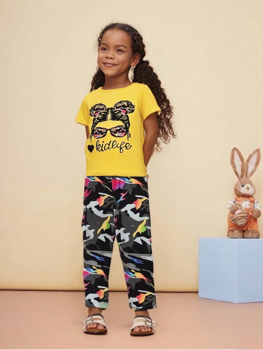2PC Kids Outfit Toddler Girls Clothes Figure & Letter Print Short Sleeve Top + Camo Print Pants Set - Image 6