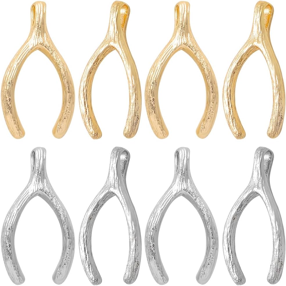 Beebeecraft 1 Box 20Pcs 2 Colors Wish Bone Lucky Charms 18K Gold & Platinum Plated Silver Golden with Jump Ring for DIY Jewelry Necklace Bracelet Earring Making Findings