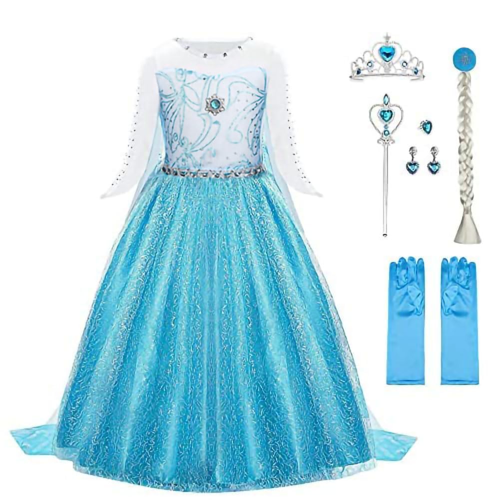 URAQT Mädchen Prinzessin Kostüm, Kinder Kleid 6-teiliges Set mit Krone Diadem Handschuhe Zauberstab usw für Weihnachten Verkleidung Karneval Halloween,140CM