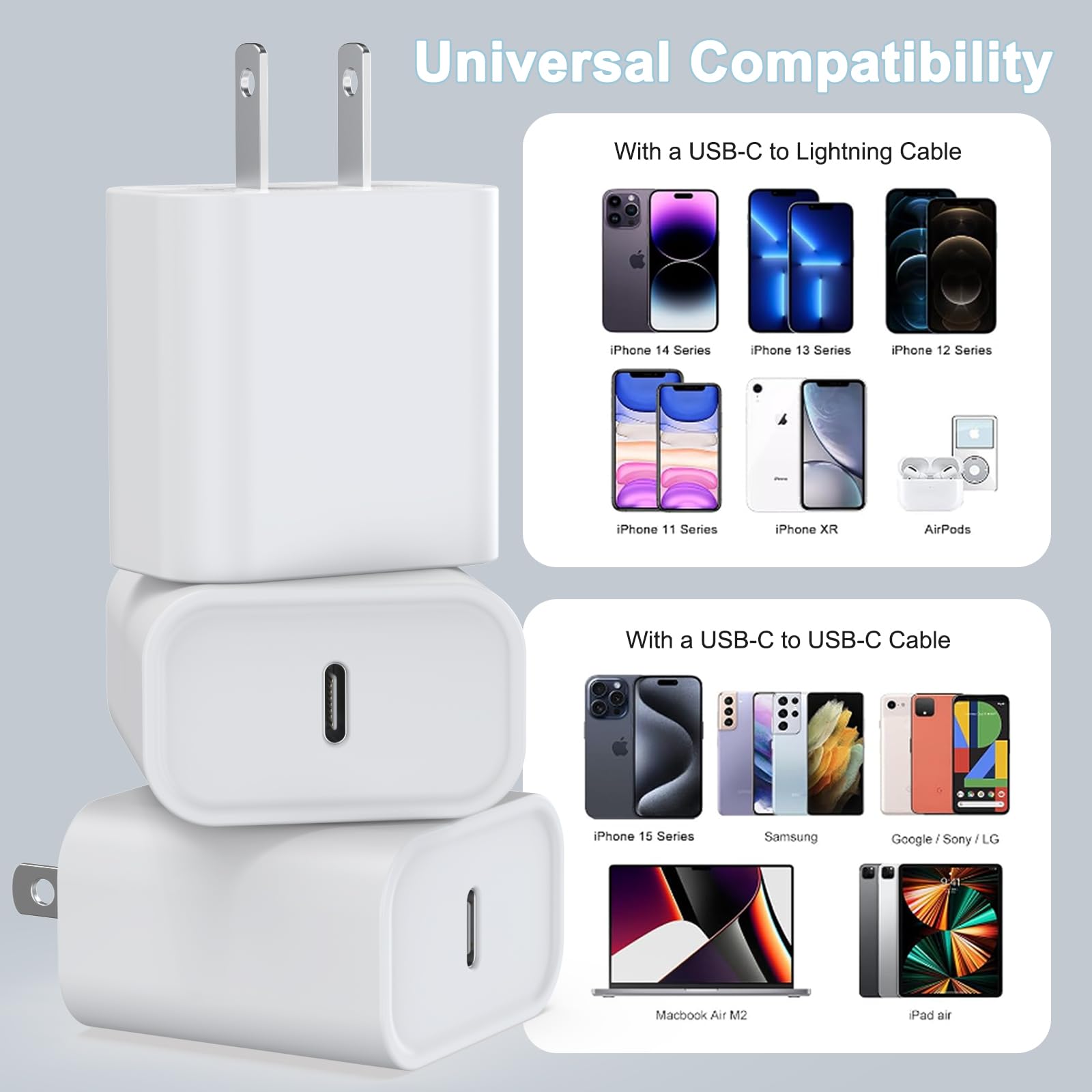 Bloc de Chargeur USB C, Bloc de Chargeur de téléphone 15, Adaptateur d'alimentation PD 20 W, Chargeur Mural USB C Compatible avec téléphone 15/15Pro/15Pro Max/15Plus/14/13/12/11, XS/X, Pad, Galaxy
