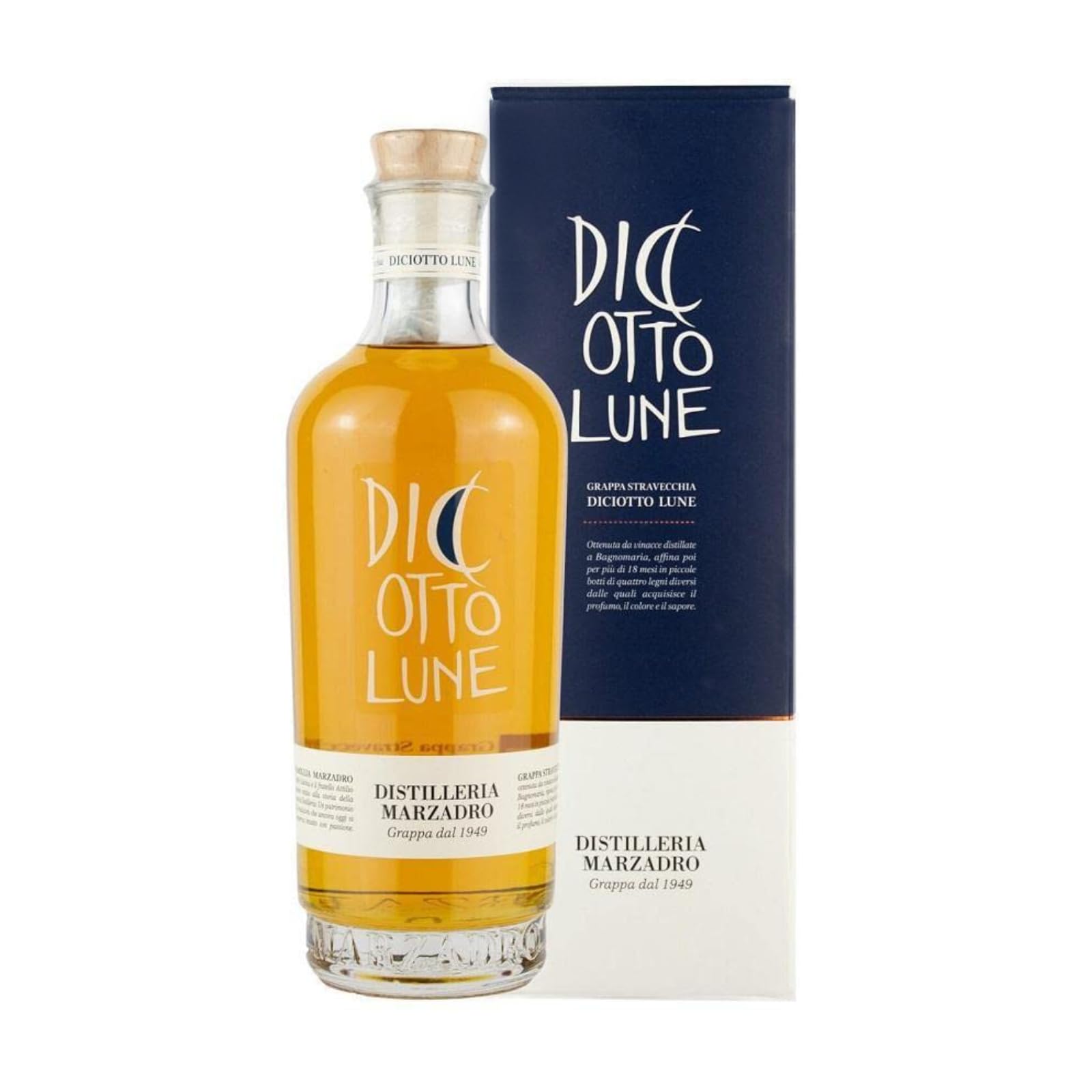 Marzadro, Grappa le Diciotto Lune, Invecchiamento 18 mesi, Confezione con Astuccio - Bottiglia in Vetro da 700ml