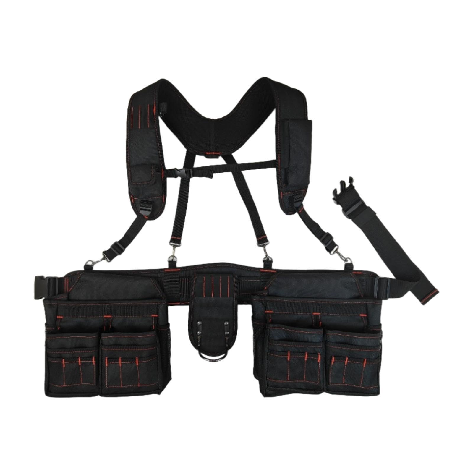 Ceinture porte-outils avec bretelles ajustable en noir et rouge pour charpentier