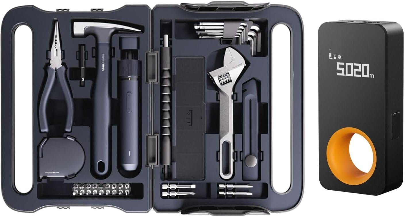 HOTO 40-Piece Tool Kit, Household Essentials tool set + Laser Measuring Tool