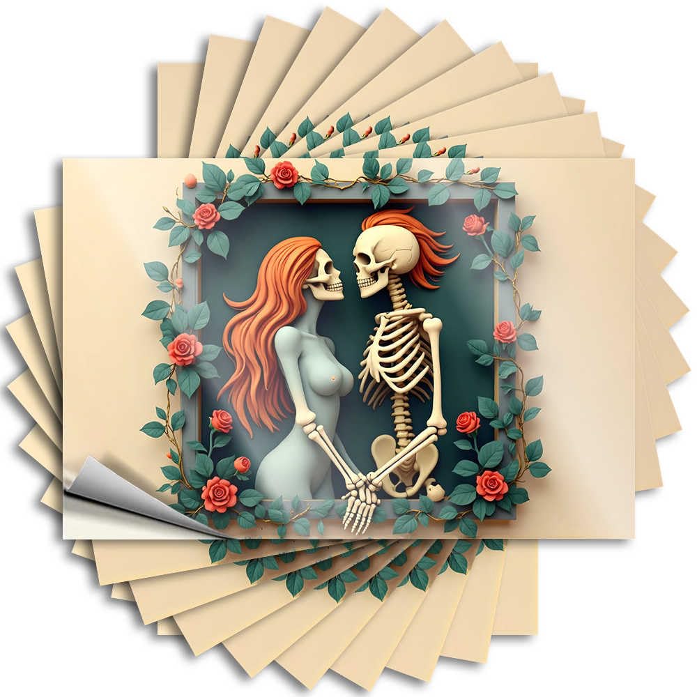 Summer Quote Aesthetic Decals, House Stuff Cute Pattern Design for Science Notebook | Door Removable Vinyl Romantic Skeleton Couple Framed with Roses and Greenery(8X12CM)