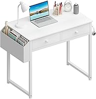 Lufeiya 32 Inch Small White Kids Desk with Fabric Drawers & Storage Bag - Study Writing Vanity Table for Bedroom Small Spaces