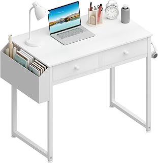 Lufeiya 32 Inch Small White Kids Desk with Fabric Drawers & Storage Bag - Study Writing Vanity Table for Bedroom Small Spaces