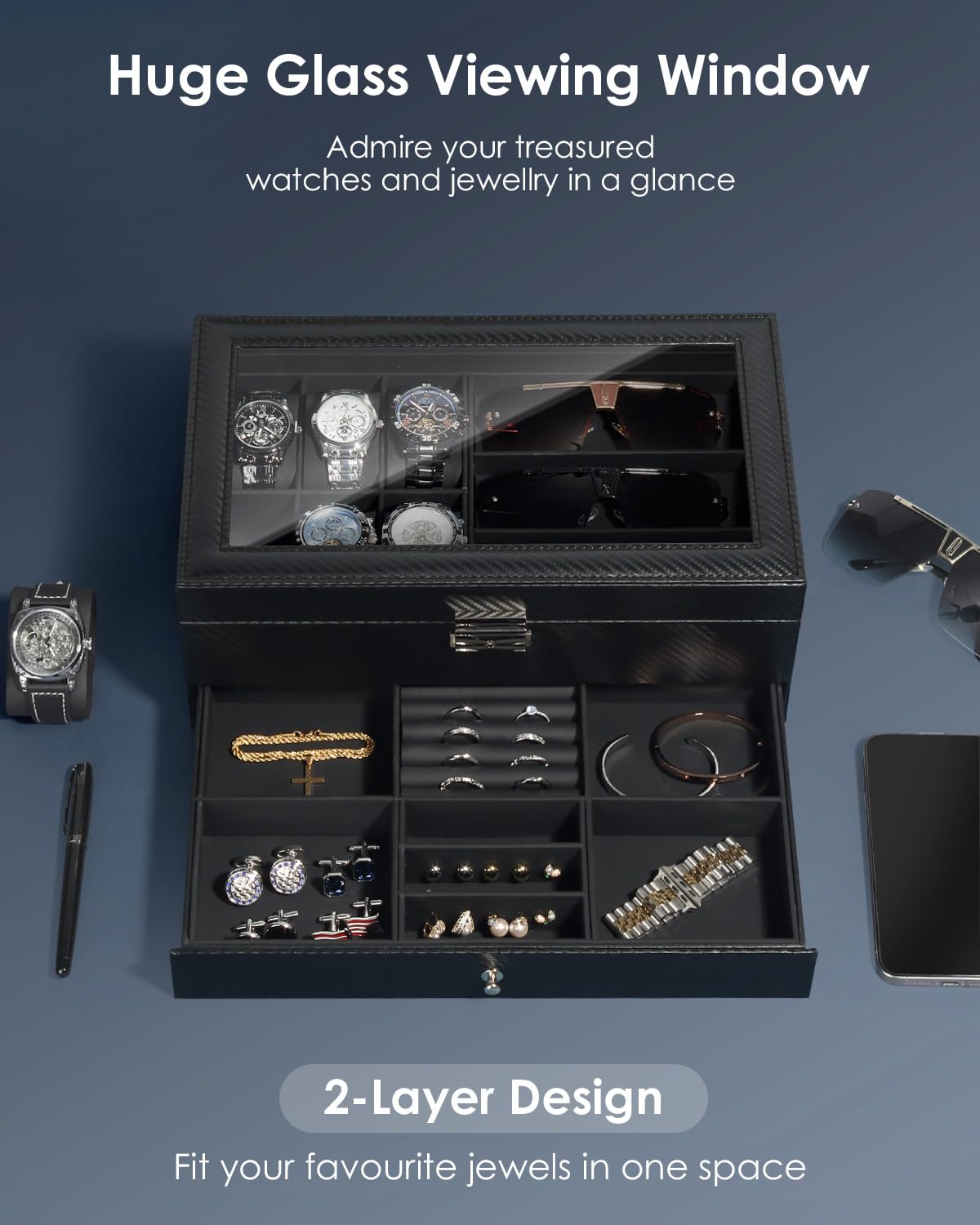Kukikan Joyero organizador de relojes, caja de reloj y gafas de sol con tapa grande de cristal, 6 ranuras y 2 capas, joyero para hombre con cerradura, soporte para reloj, regalo para hombres y mujeres