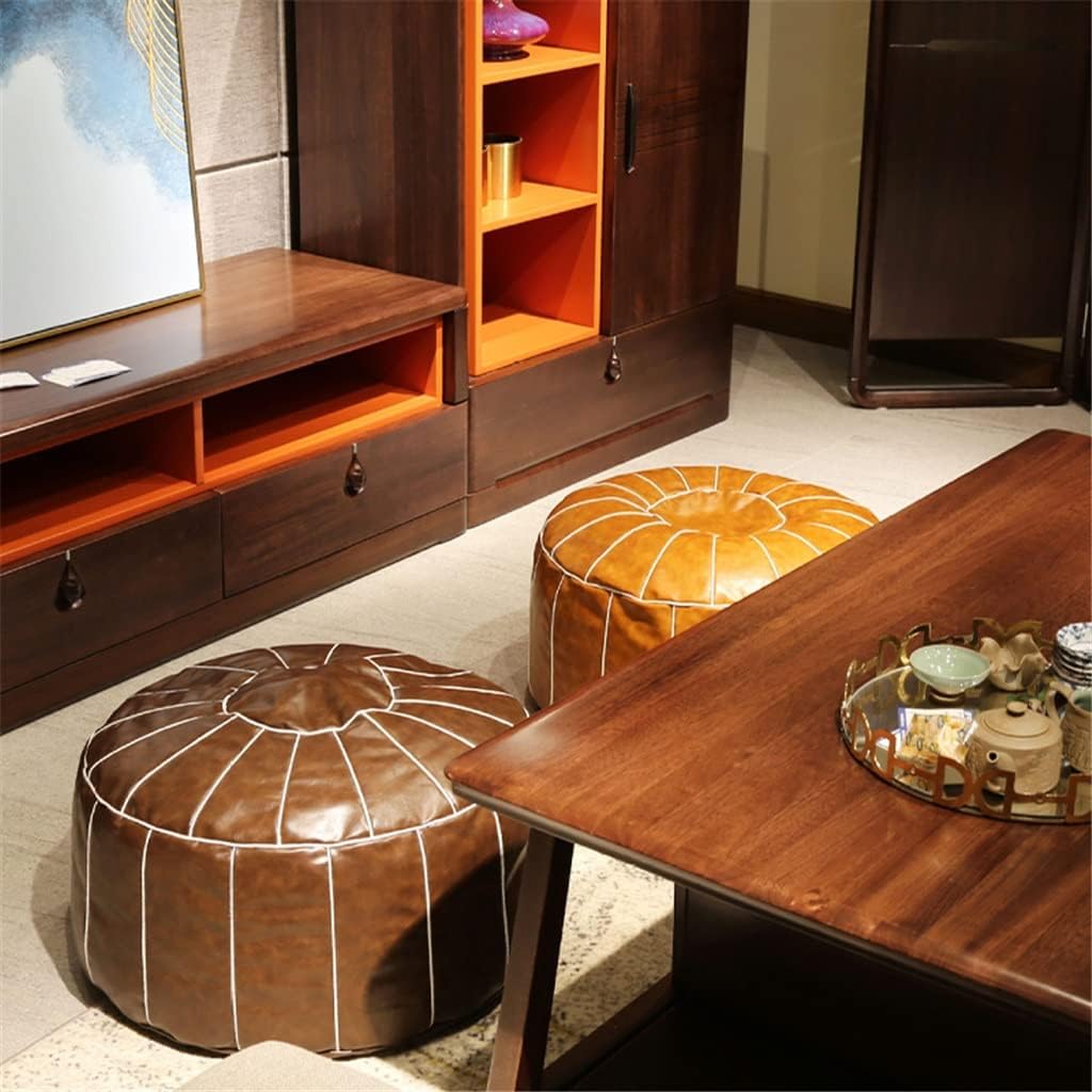 Nordic Moroccan PU Leather Pouf Craft Ottoman Footstool Round Large Artificial Leather Unstuffed Cushion(A)