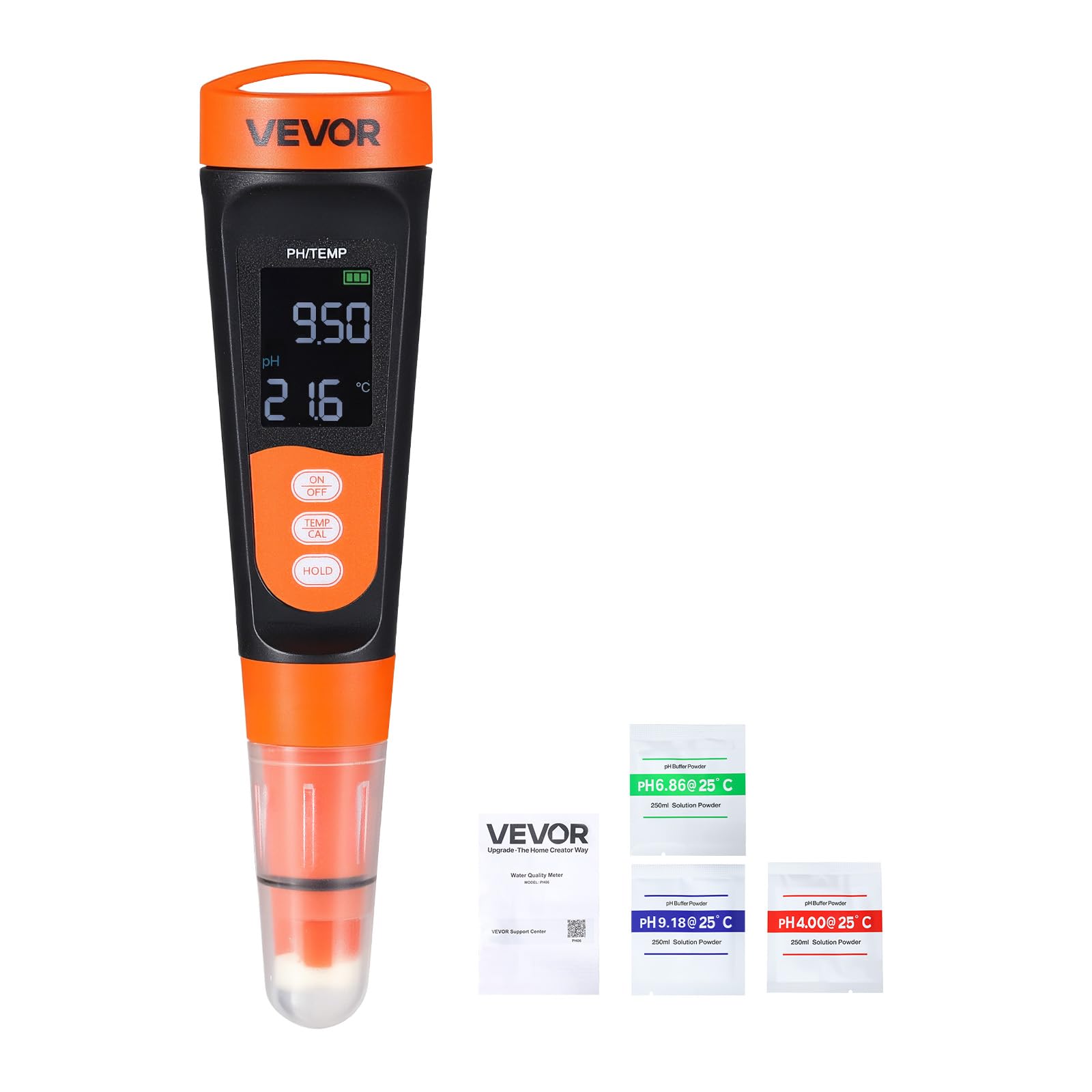 VEVOR pHmetro Portatile, Intervallo di pH 0-14, Sonda Impermeabile IP68, Kit Tascabile con Bustine di Polvere di Calibrazione, Display VA, per Test di Acidità Acqua Potabile Idroponica e Acquario