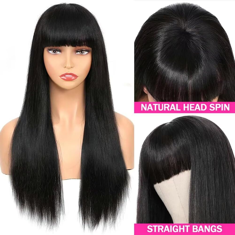 Human Hair Wig for Black Women 16 inch Straight Long Wigs with Bangs None Lace Front Wigs 150% Density Brazilian Virgin Hair Glueless Machine Made Black Wig Natural Color - Image 2