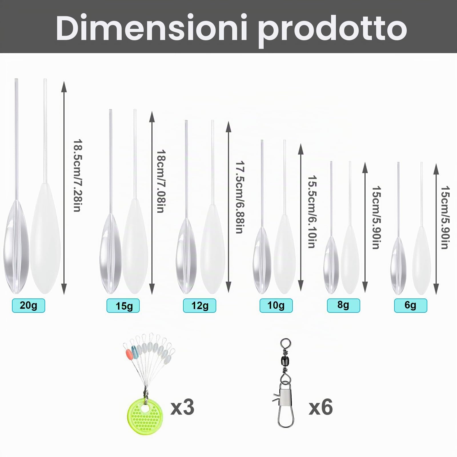 21 Pezzi Diversi Fishing Sbirolino Set,6X Affondante 6X Sbirolino Galleggiante (6g 8g 10g 12g 15g 20g),6X Girelle da Pesca Trota Pesca,3X Stopper Pesca,Accessori per La Pesca alla Trota