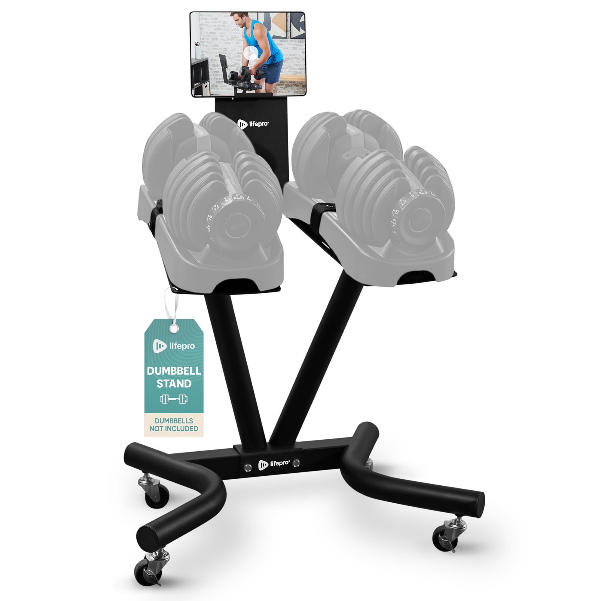 LifeProAdjustable Dumbbell Stand with Wheels & Phone/Tablet Holder – Compatible with PowerFlow Plus, PowerUp Plus & Other Brands – Smart, Space-Saving Dumbbell Rack for Home Gym