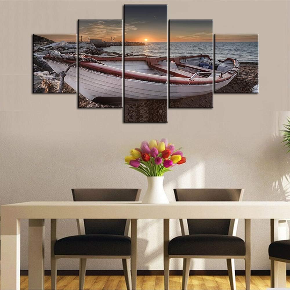 5 Piece Canvas Wall Art For Living Room- Turquoise Red Fishing Boat at Sunrise on Bournemouth Beach with Pier in Far Distance - Modern Home Decor Stretched and Framed Ready to Hang - 60"W x 32"H 60"W x 32"H Artwork-04