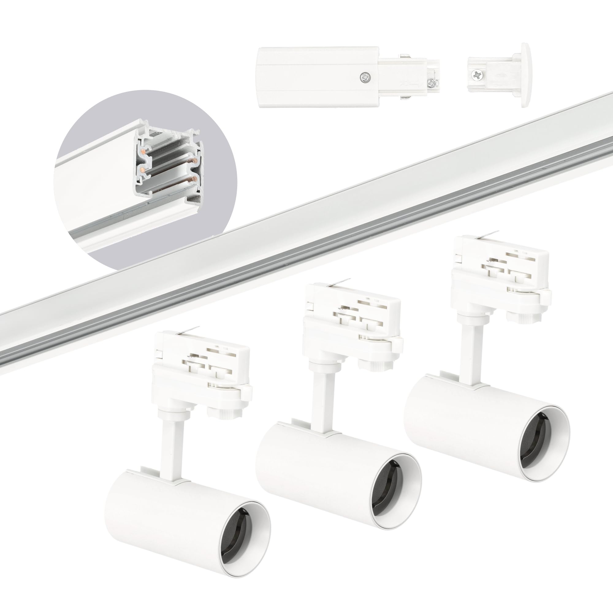 3-Phasen-Schienenset NEXTRACK - Schienensystem Komplett-Set mit 3x GU10 Lampe und Schiene, Stromversorgung + Kappe (Weiß, Schiene 1 Meter)