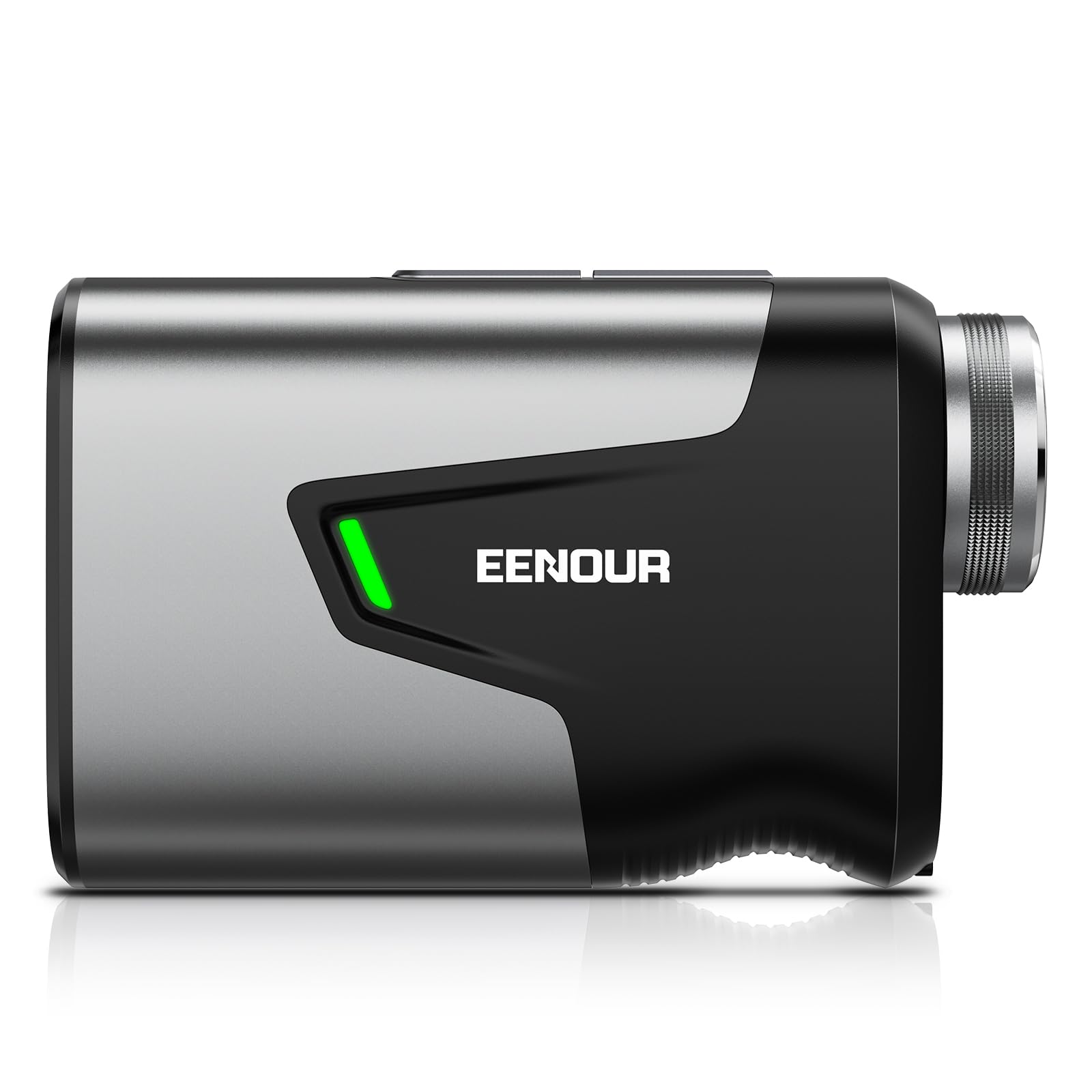 EENOUR U1200 Golf Rangefinder held in hand, showcasing its compact design and key features like 1200Y Range, Pin Lock, 7x Mag, Slope Switch, Built-in Magnet, USB Rechargeable, Vibration Alert, IP54 Rated, and 23.5MM Max Objective.